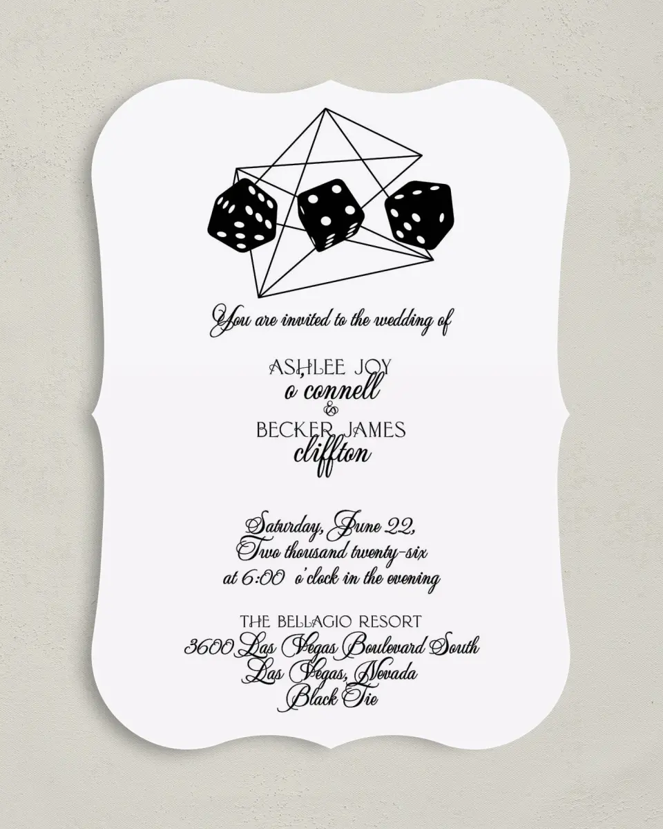 This is a 5" x 7" Bracket Wedding Invitation called Upscale Vegas printed in full color on Premium Smooth paper