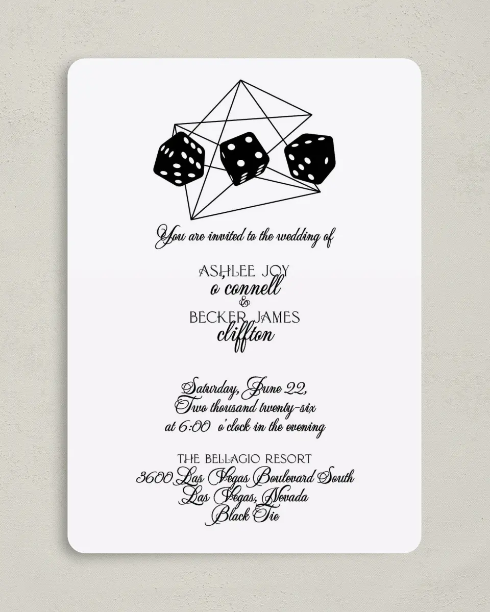 This is a 5" x 7" Rounded Wedding Invitation called Upscale Vegas printed in full color on Premium Smooth paper