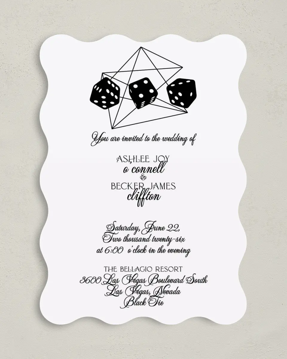 This is a 5" x 7" Wavy Wedding Invitation called Upscale Vegas printed in full color on Premium Smooth paper