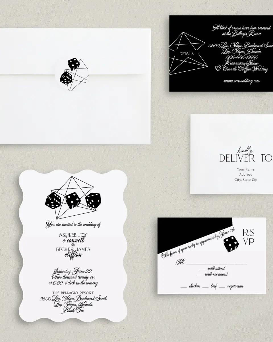 This is a 5" x 7" Wavy Wedding Invitation called Upscale Vegas printed in full color with Silver foil on Luxe Satin (coated) paper