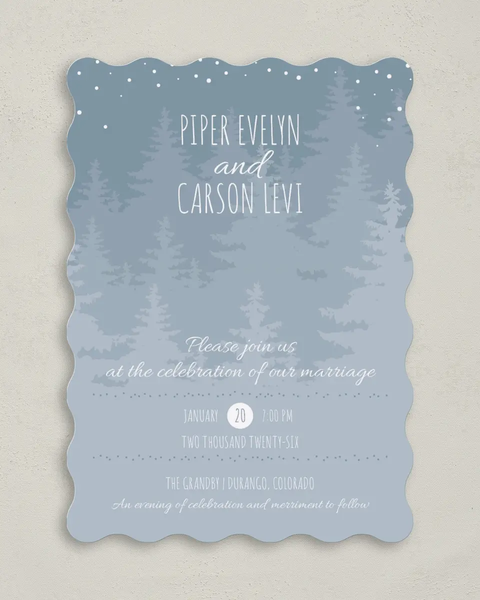 This is a 5" x 7" Wavy Wedding Invitation called Woodland Wishes printed in full color on Premium Smooth paper