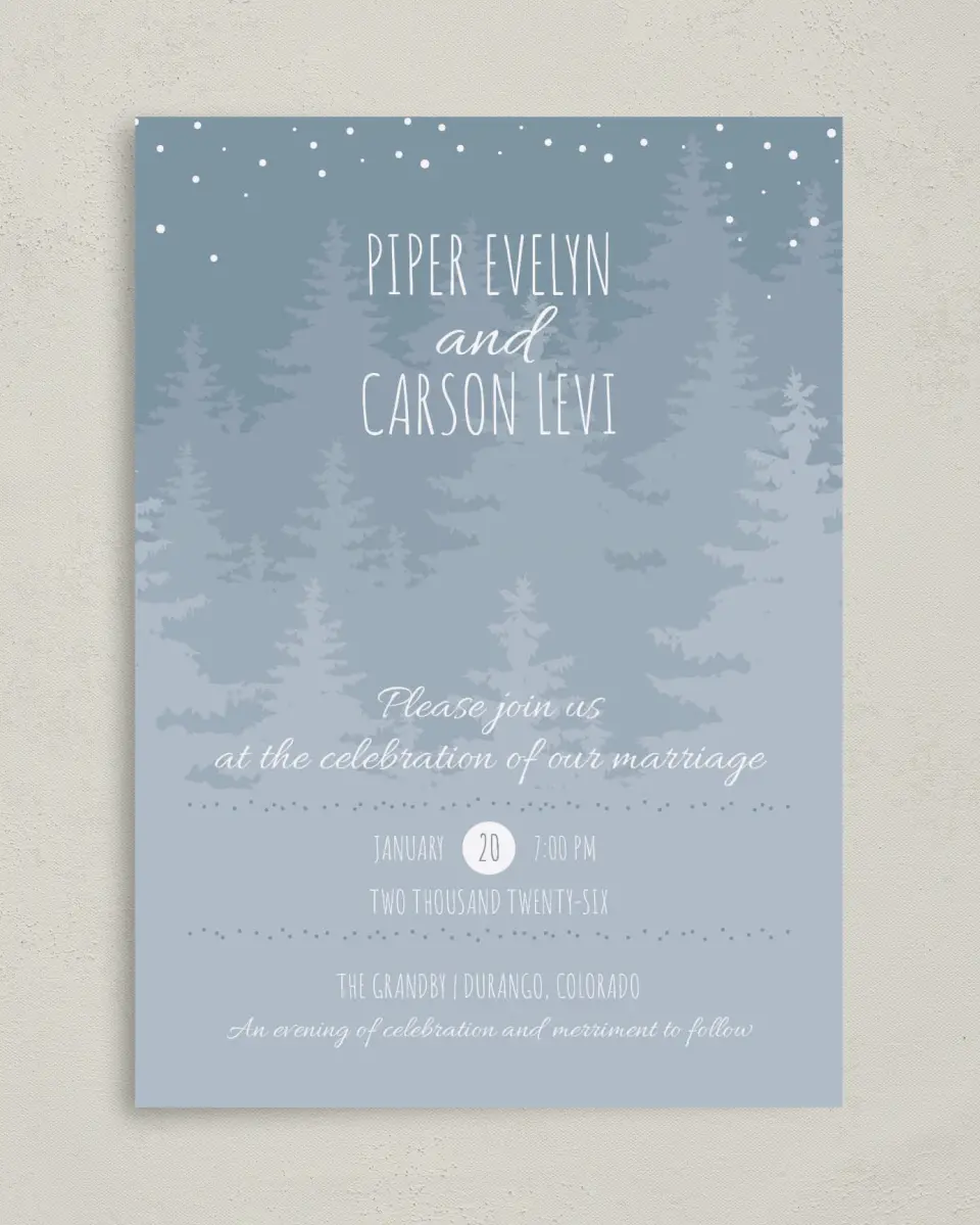 This is a 5" x 7" Classic Wedding Invitation called Woodland Wishes printed in full color with Gold foil on Luxe Satin (coated) paper