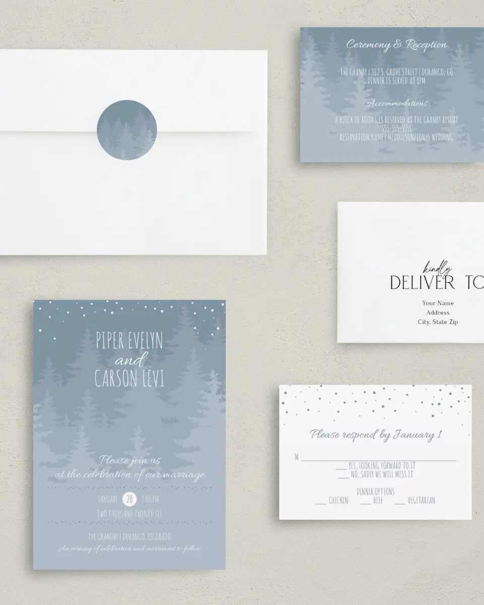 This is a 5" x 7" Classic Wedding Invitation called Woodland Wishes printed in full color with Gold foil on Luxe Satin (coated) paper