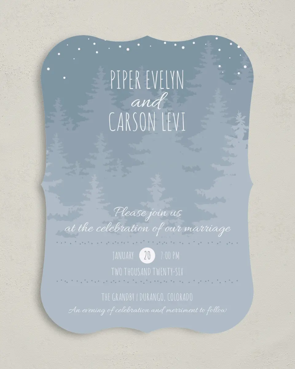 This is a 5" x 7" Bracket Wedding Invitation called Woodland Wishes printed in full color on Premium Smooth paper