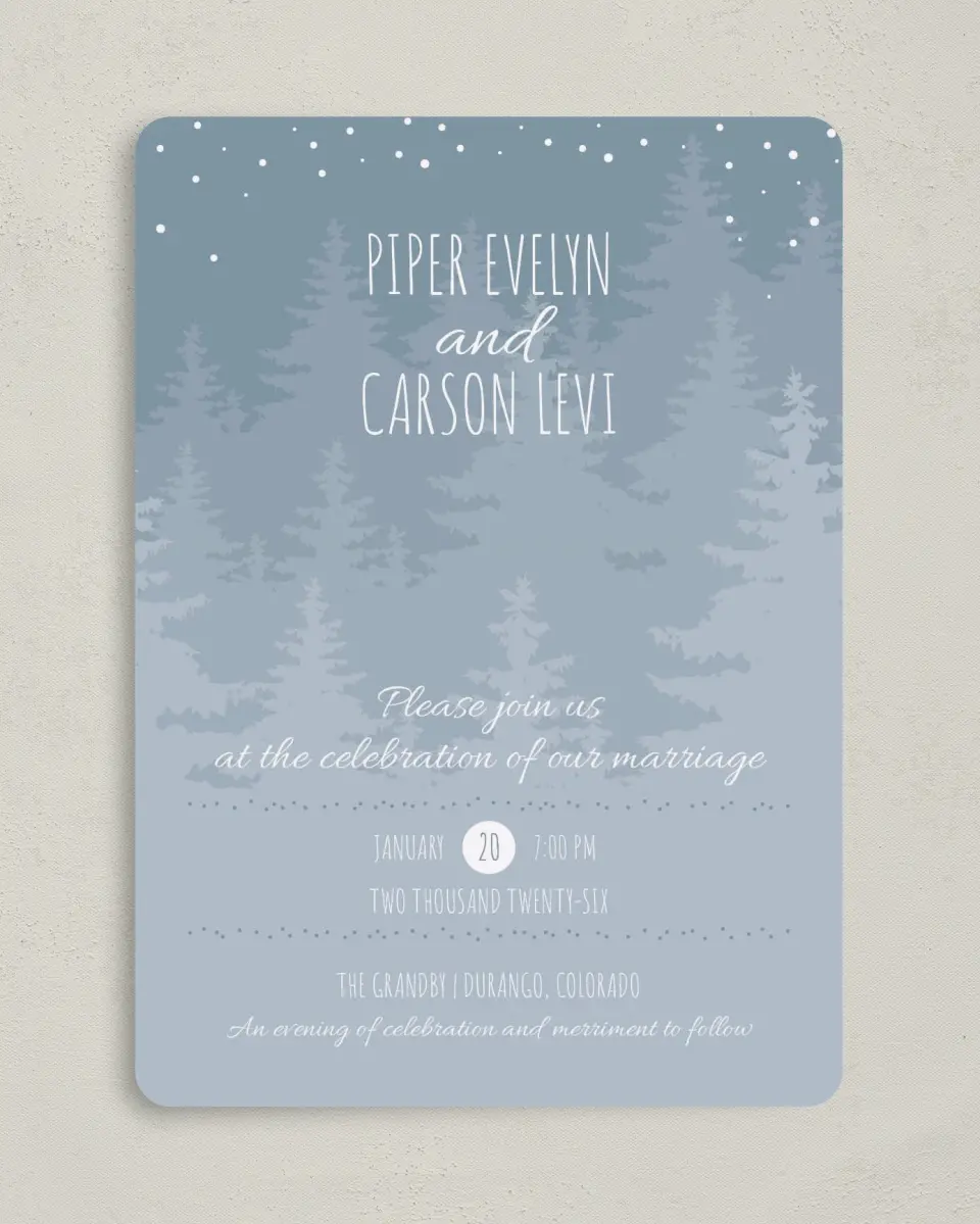 This is a 5" x 7" Rounded Wedding Invitation called Woodland Wishes printed in full color on Premium Smooth paper