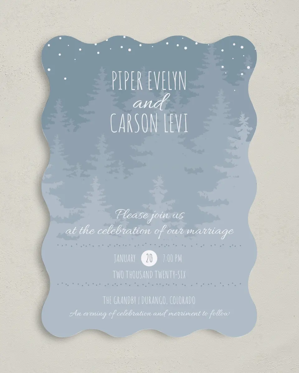 This is a 5" x 7" Wavy Wedding Invitation called Woodland Wishes printed in full color on Premium Smooth paper