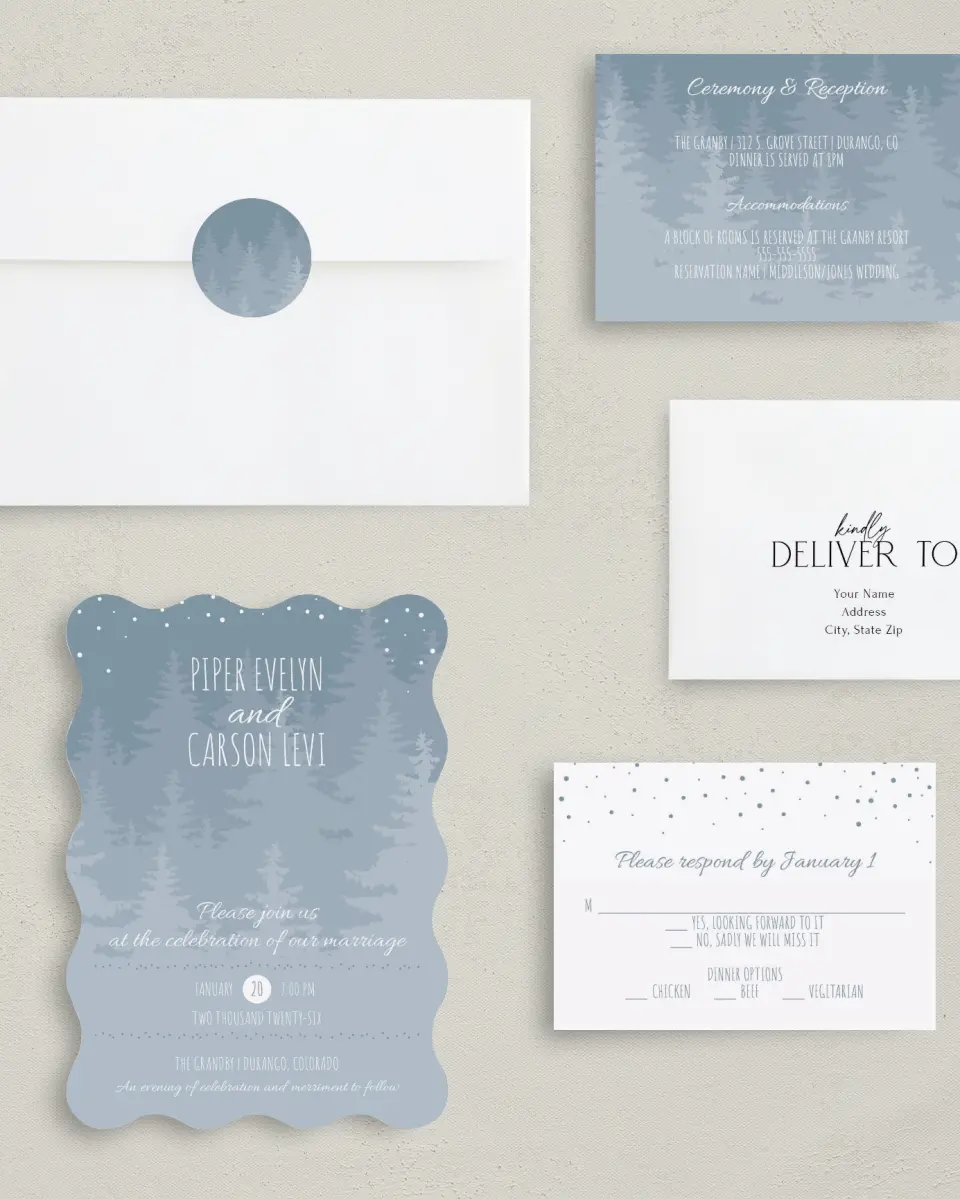 This is a 5" x 7" Wavy Wedding Invitation called Woodland Wishes printed in full color with Silver foil on Luxe Satin (coated) paper