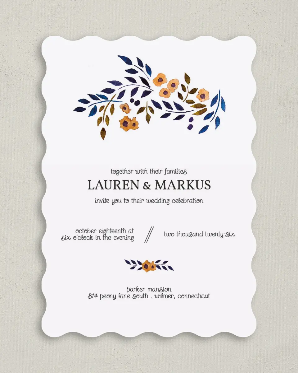 This is a 5" x 7" Wavy Wedding Invitation called Perfectly Plaid printed in full color on Premium Smooth paper
