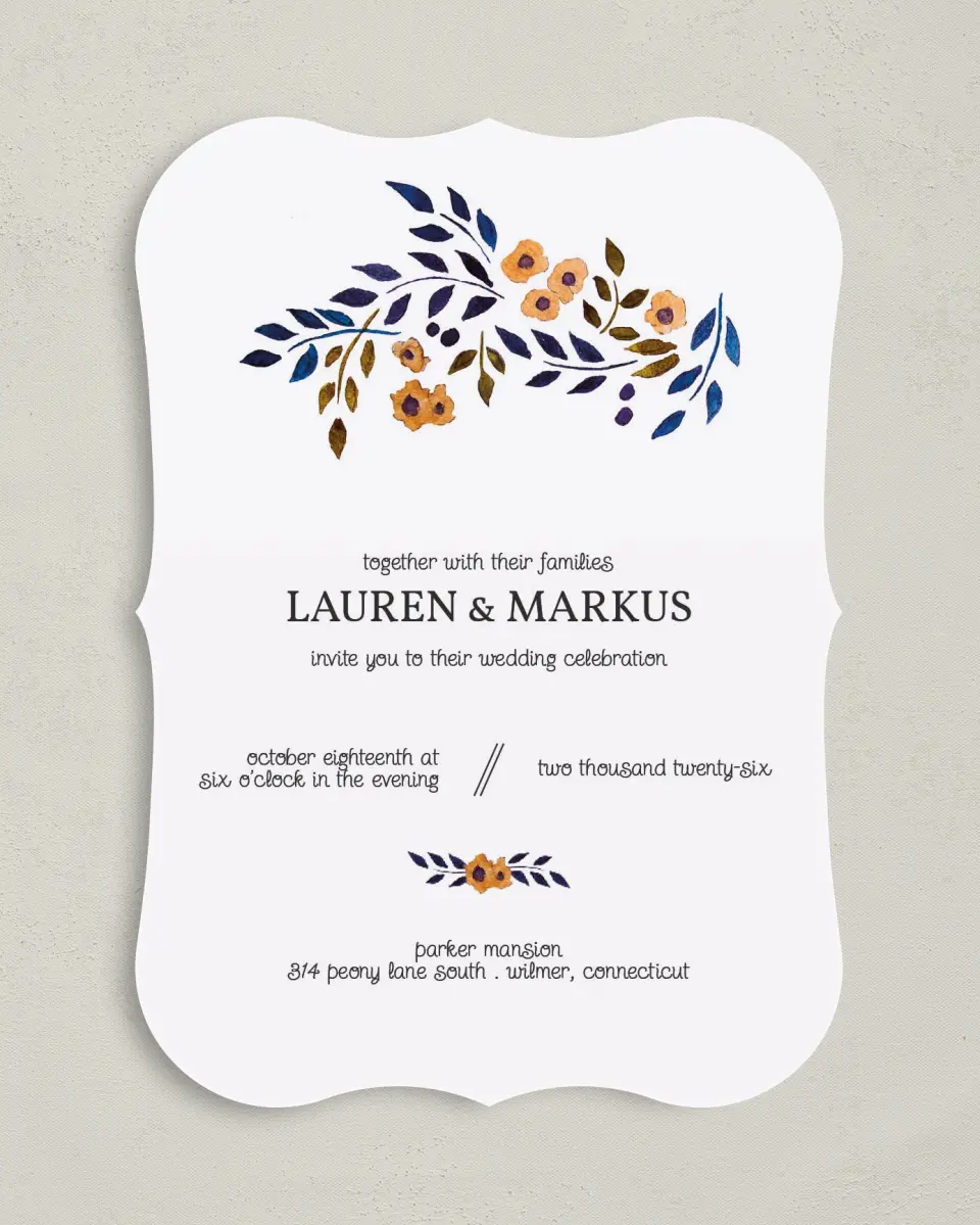This is a 5" x 7" Bracket Wedding Invitation called Perfectly Plaid printed in full color on Premium Smooth paper