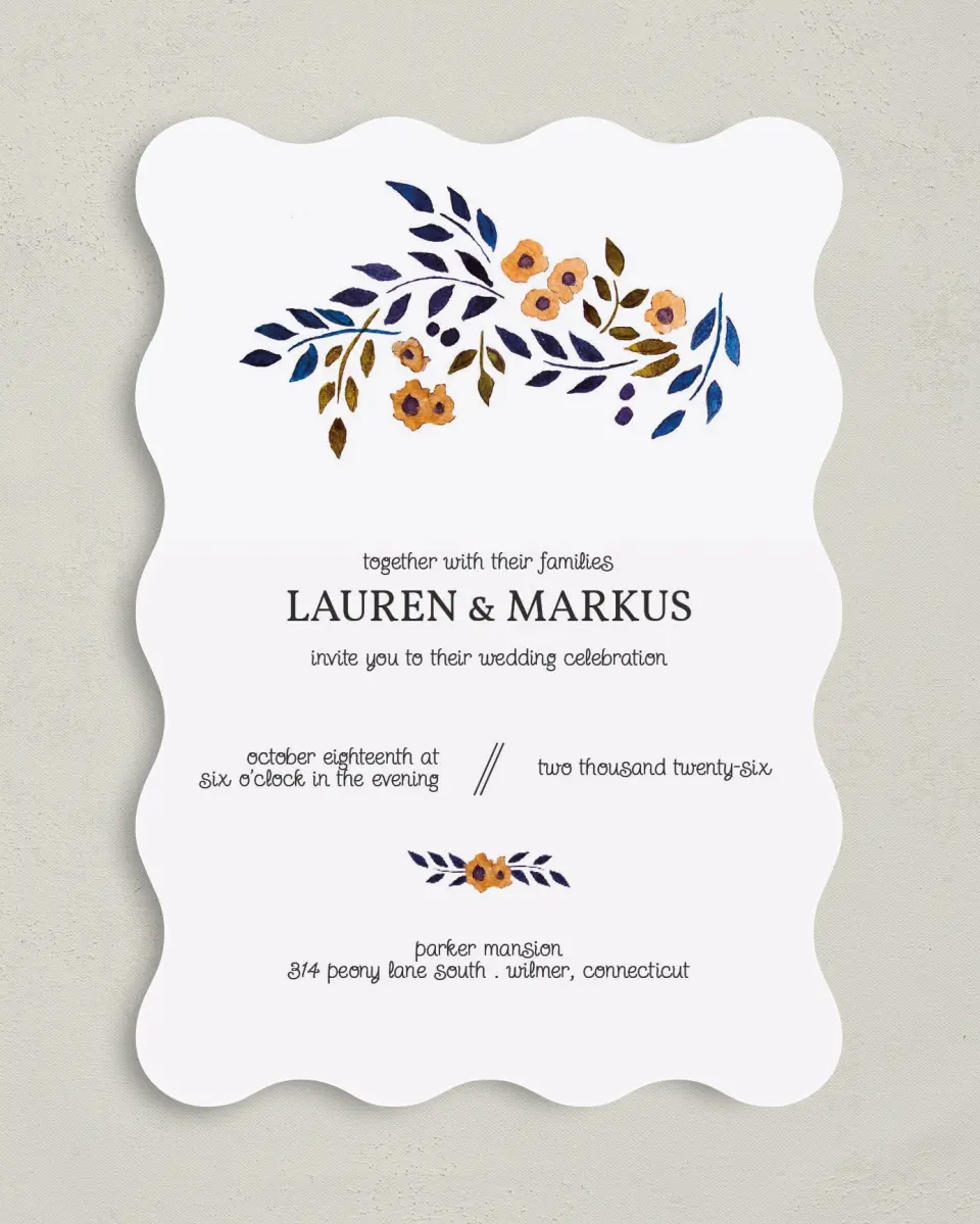 This is a 5" x 7" Wavy Wedding Invitation called Perfectly Plaid printed in full color on Premium Smooth paper