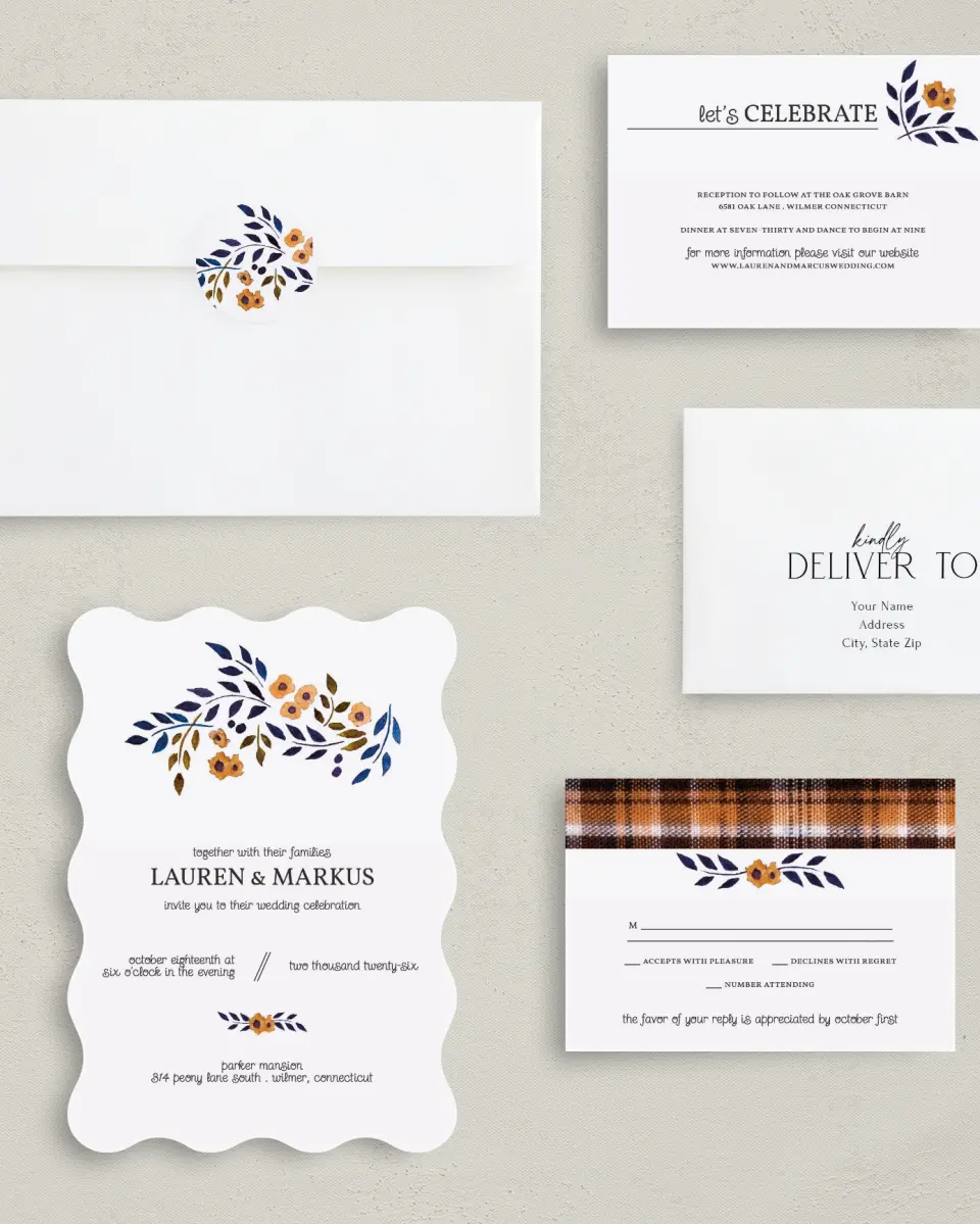 This is a 5" x 7" Wavy Wedding Invitation called Perfectly Plaid printed in full color with Gold foil on Luxe Satin (coated) paper