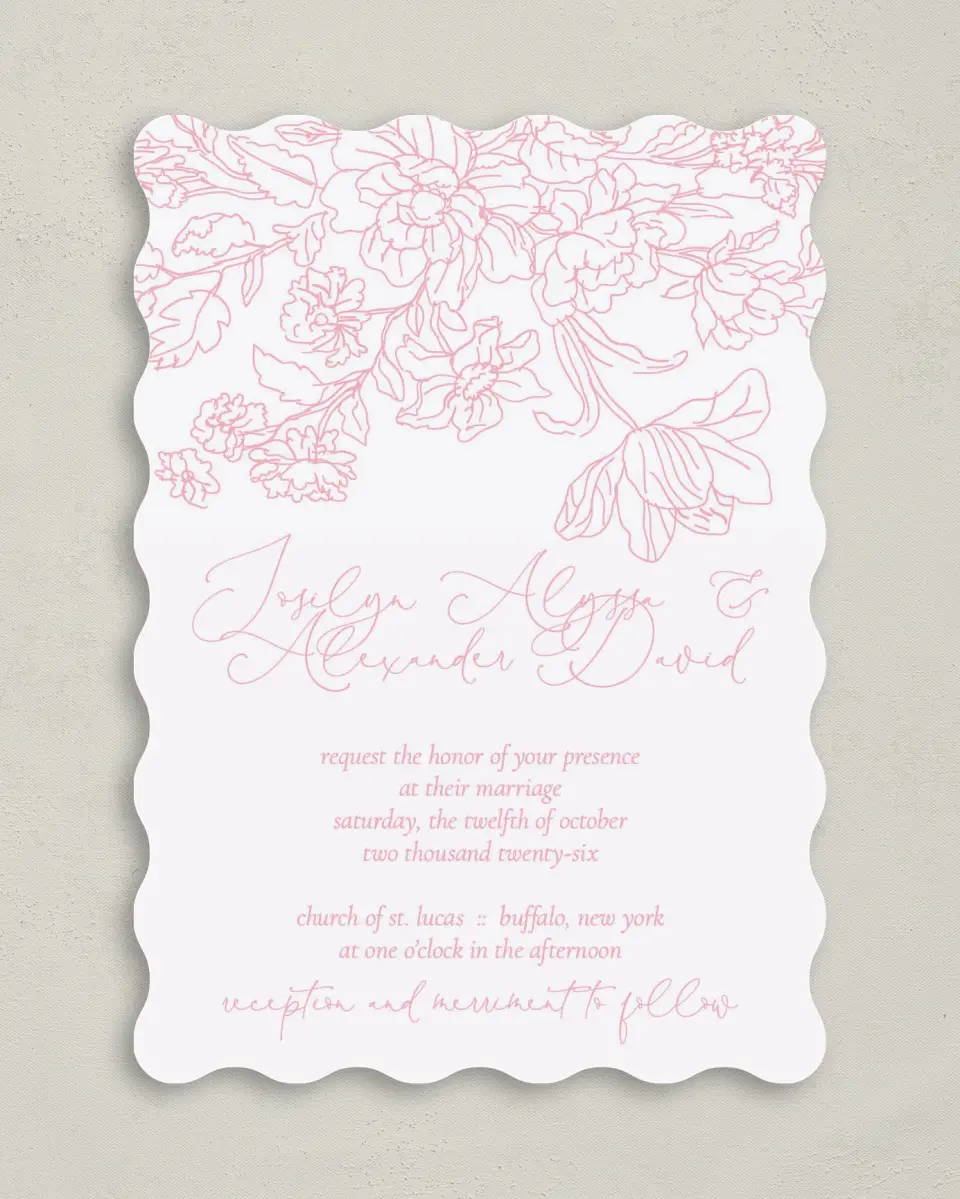 This is a 5" x 7" Wavy Wedding Invitation called Blissfully Sweet printed in full color on Premium Smooth paper