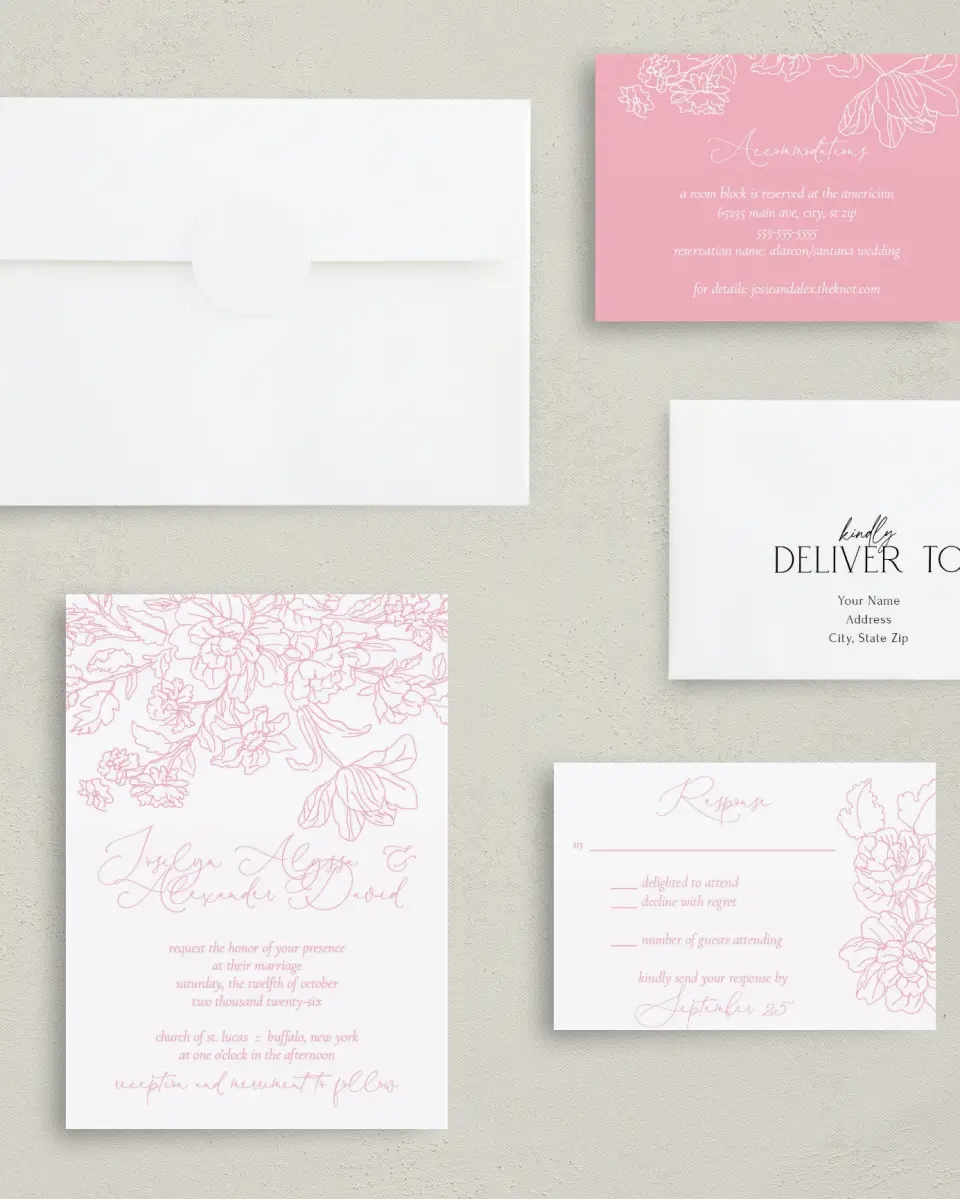 This is a 5" x 7" Classic Wedding Invitation called Blissfully Sweet printed in full color with Gold foil on Luxe Satin (coated) paper