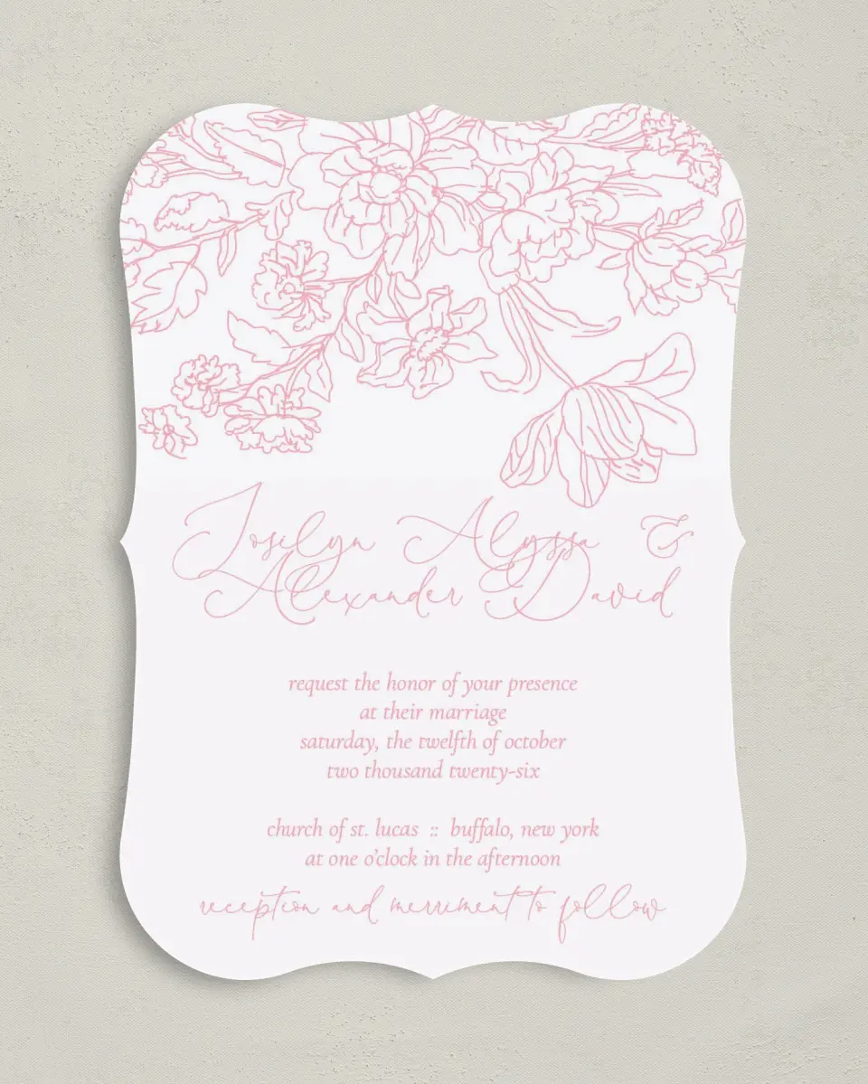 This is a 5" x 7" Bracket Wedding Invitation called Blissfully Sweet printed in full color with Silver foil on Luxe Satin (coated) paper