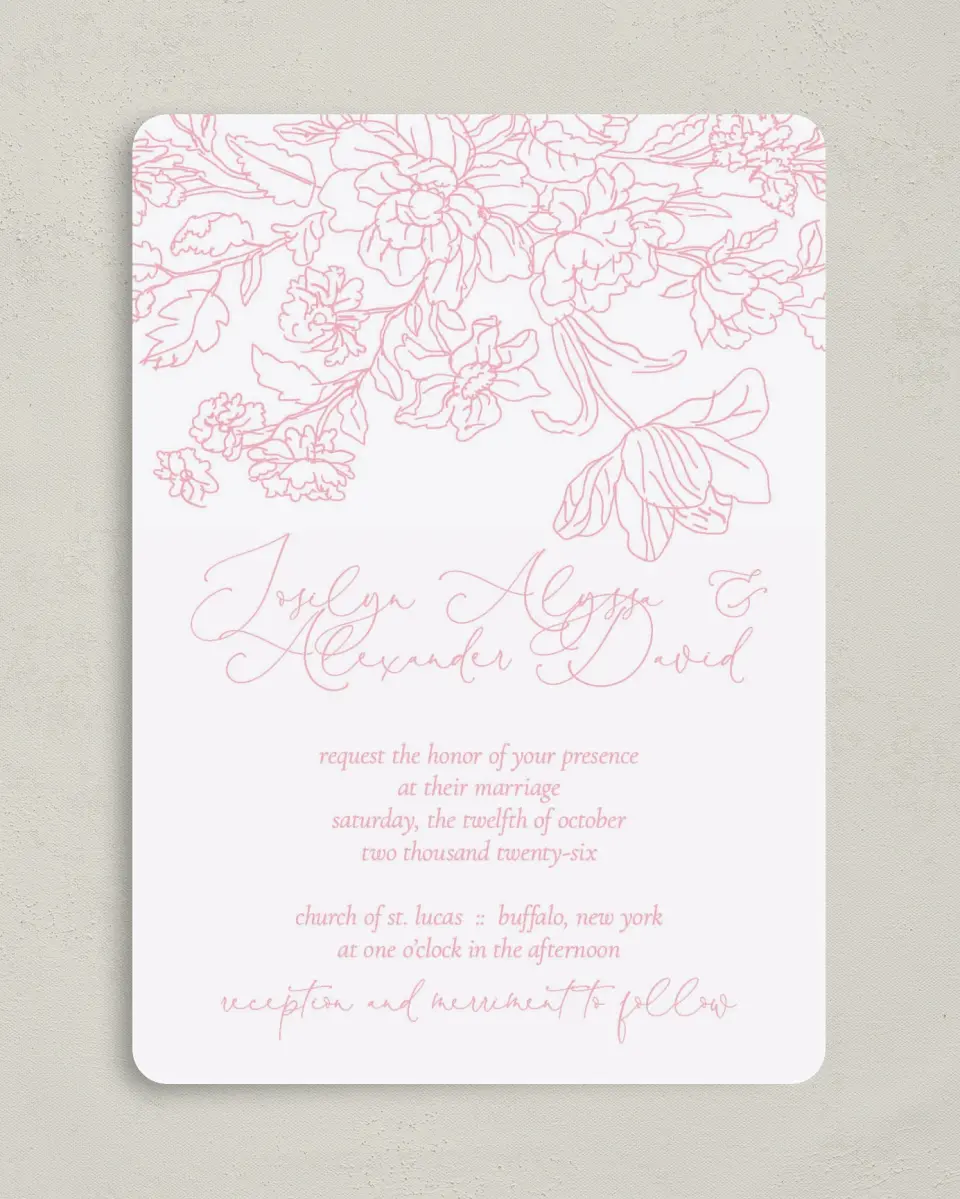 This is a 5" x 7" Rounded Wedding Invitation called Blissfully Sweet printed in full color on Premium Smooth paper
