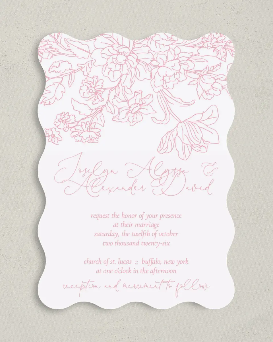 This is a 5" x 7" Wavy Wedding Invitation called Blissfully Sweet printed in full color on Premium Smooth paper
