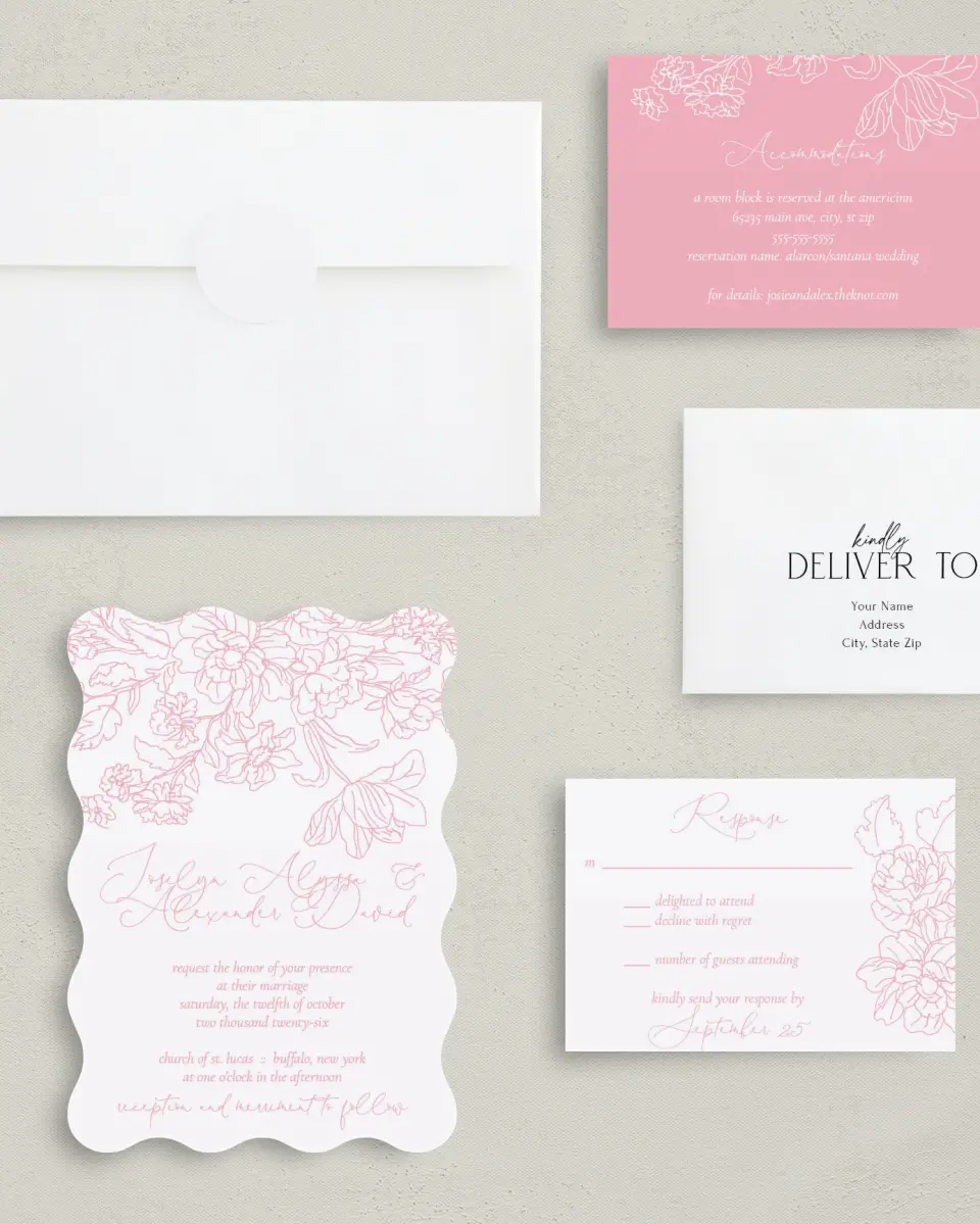 This is a 5" x 7" Wavy Wedding Invitation called Blissfully Sweet printed in full color with Silver foil on Luxe Satin (coated) paper