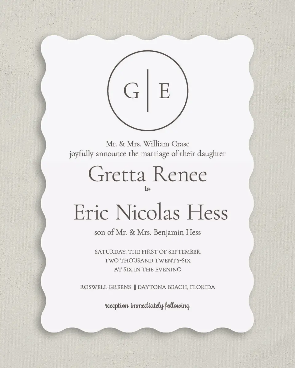 This is a 5" x 7" Wavy Wedding Invitation called Simply Modern printed in full color on Premium Smooth paper