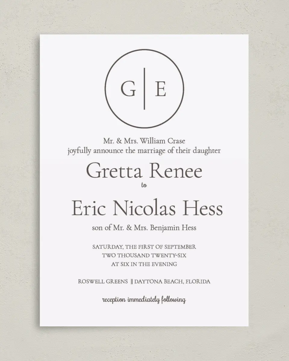 This is a 5" x 7" Classic Wedding Invitation called Simply Modern printed in full color with Gold foil on Luxe Satin (coated) paper