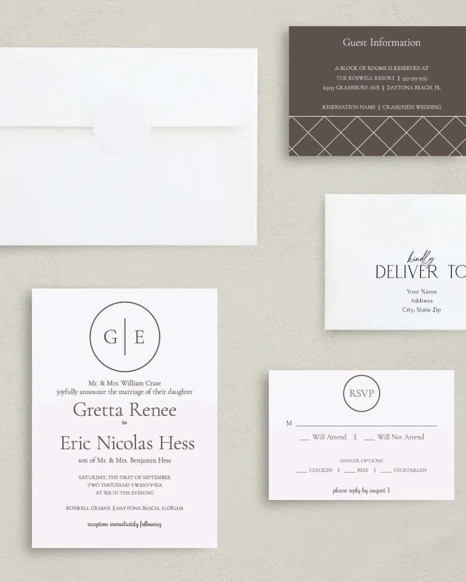 This is a 5" x 7" Classic Wedding Invitation called Simply Modern printed in full color with Gold foil on Luxe Satin (coated) paper