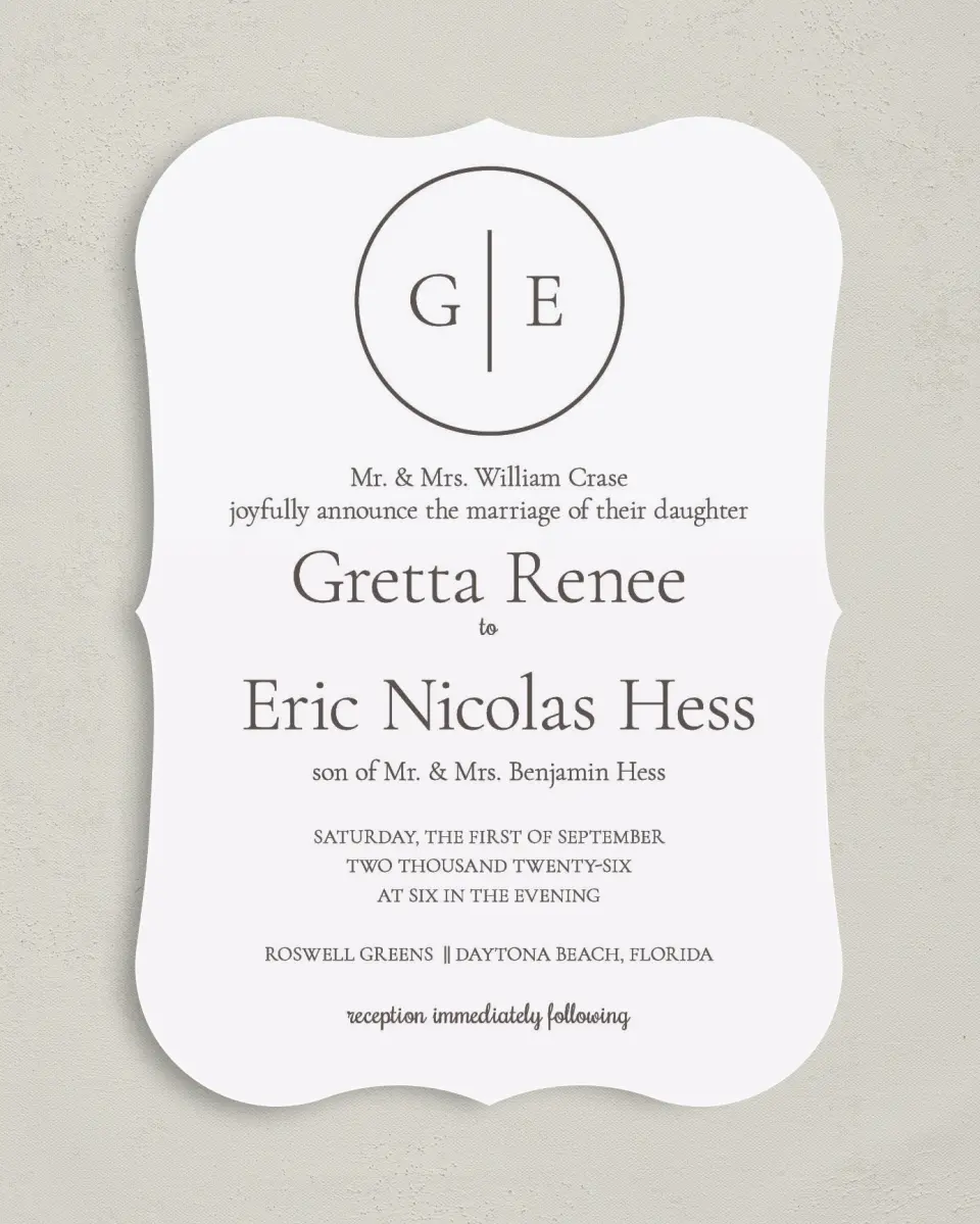 This is a 5" x 7" Bracket Wedding Invitation called Simply Modern printed in full color with Silver foil on Luxe Satin (coated) paper