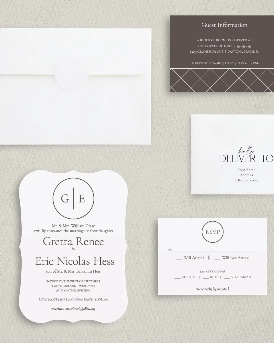 This is a 5" x 7" Bracket Wedding Invitation called Simply Modern printed in full color with Silver foil on Luxe Satin (coated) paper