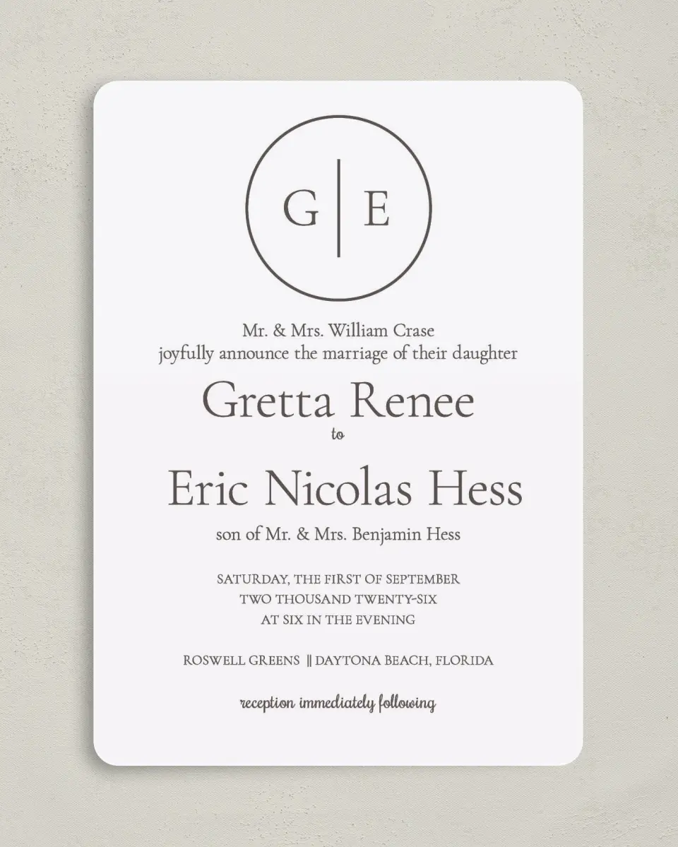 This is a 5" x 7" Rounded Wedding Invitation called Simply Modern printed in full color on Premium Smooth paper