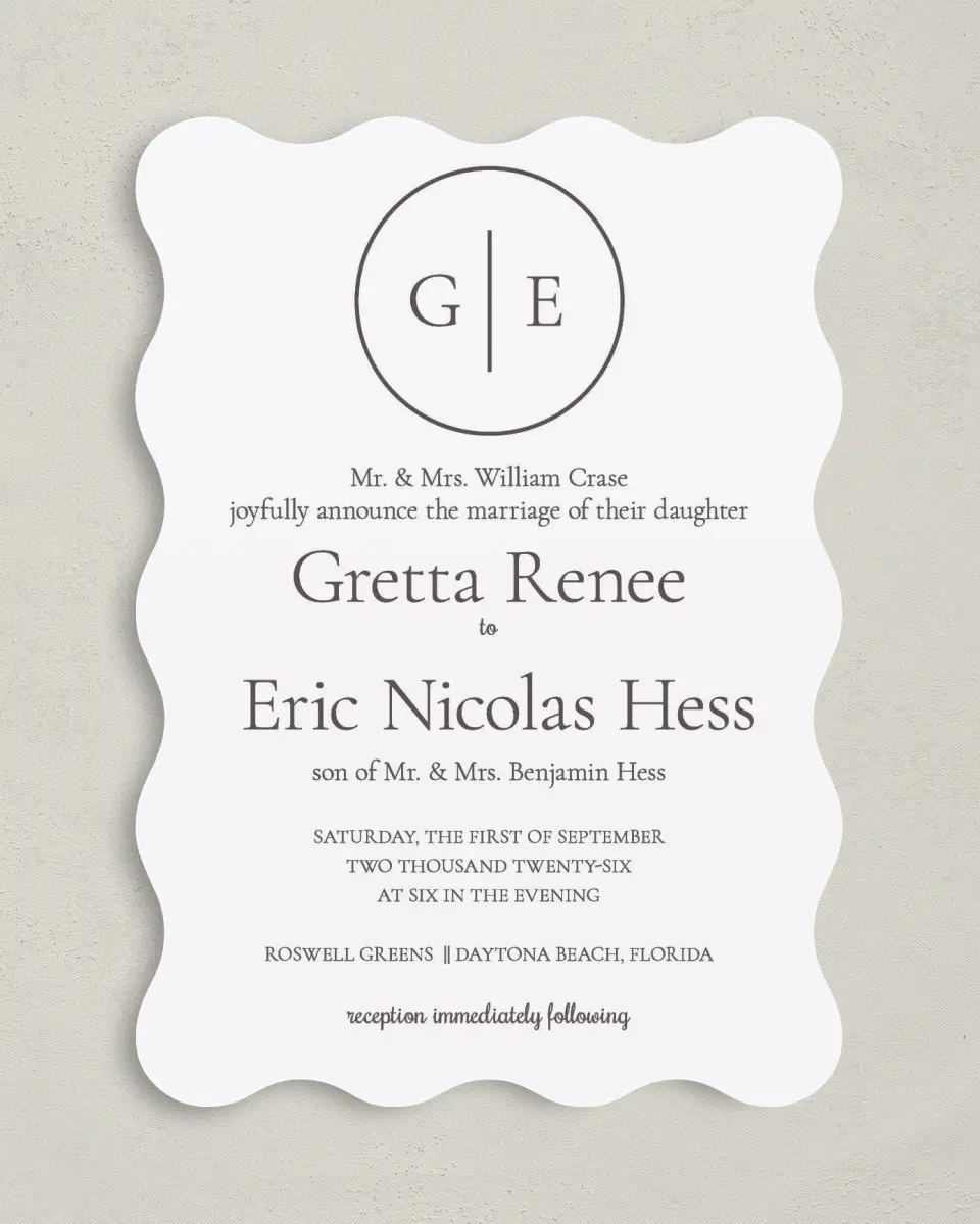 This is a 5" x 7" Wavy Wedding Invitation called Simply Modern printed in full color on Premium Smooth paper