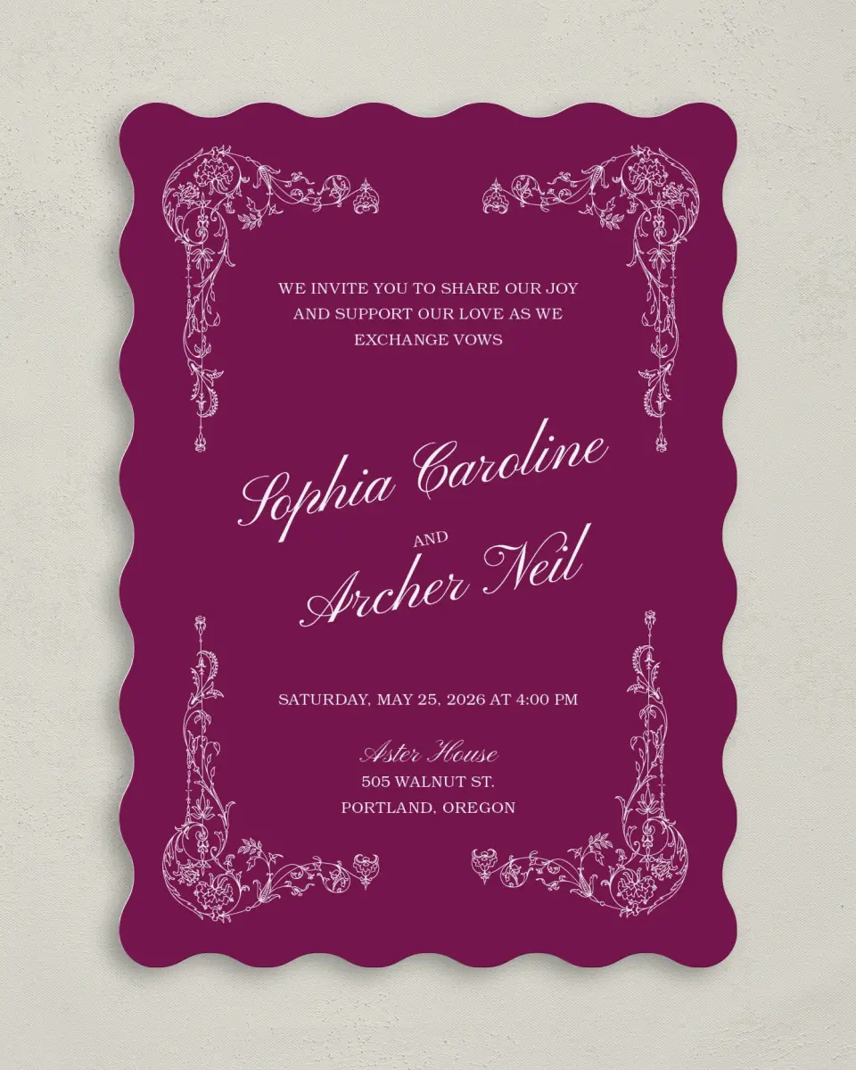 This is a 5" x 7" Wavy Wedding Invitation called Regal Romance printed in full color on Premium Smooth paper