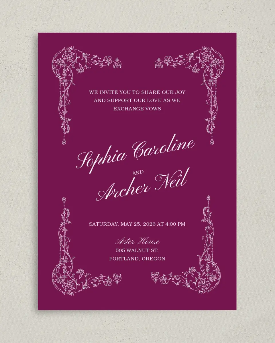 This is a 5" x 7" Classic Wedding Invitation called Regal Romance printed in full color on Premium Smooth paper