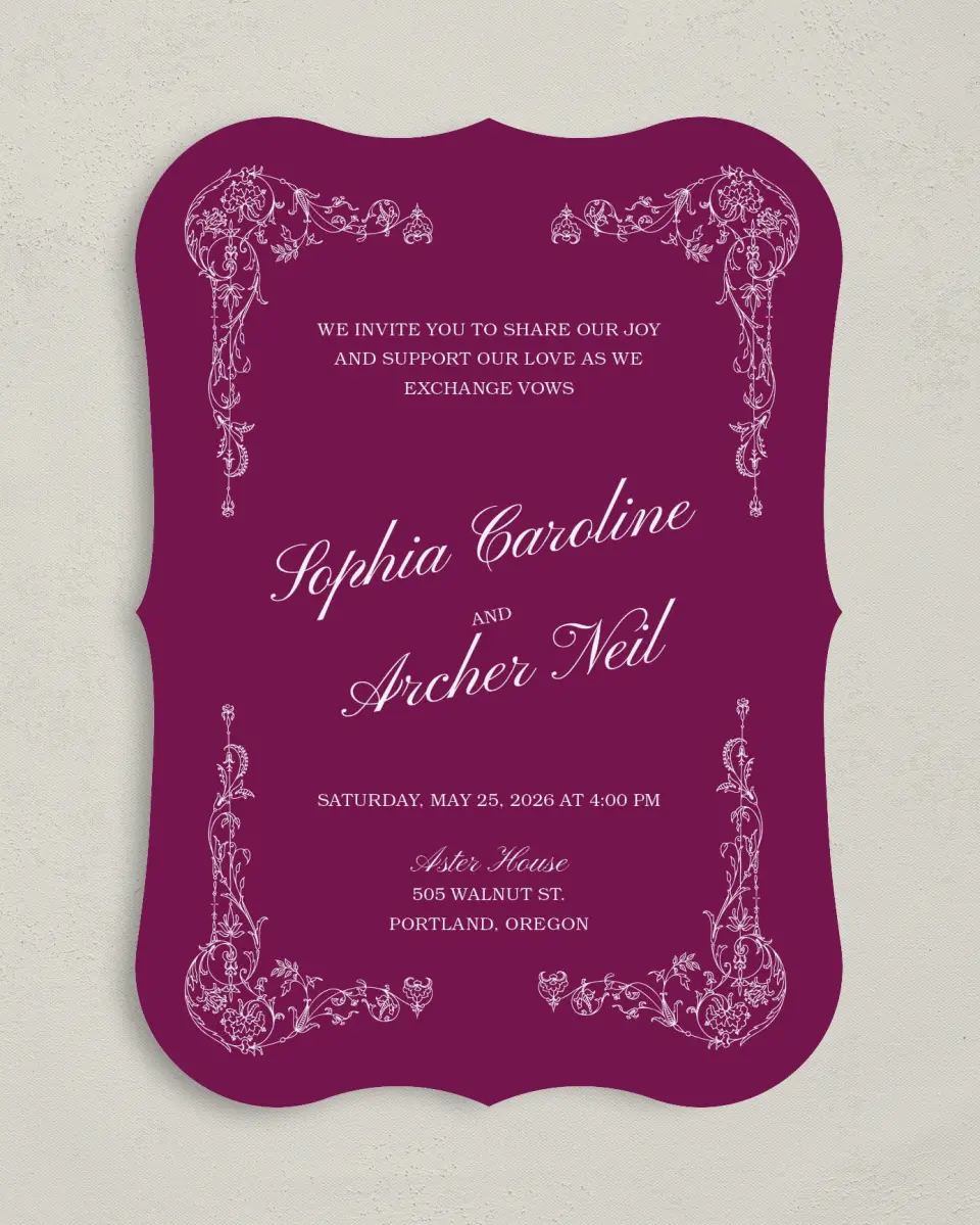 This is a 5" x 7" Bracket Wedding Invitation called Regal Romance printed in full color on Premium Smooth paper
