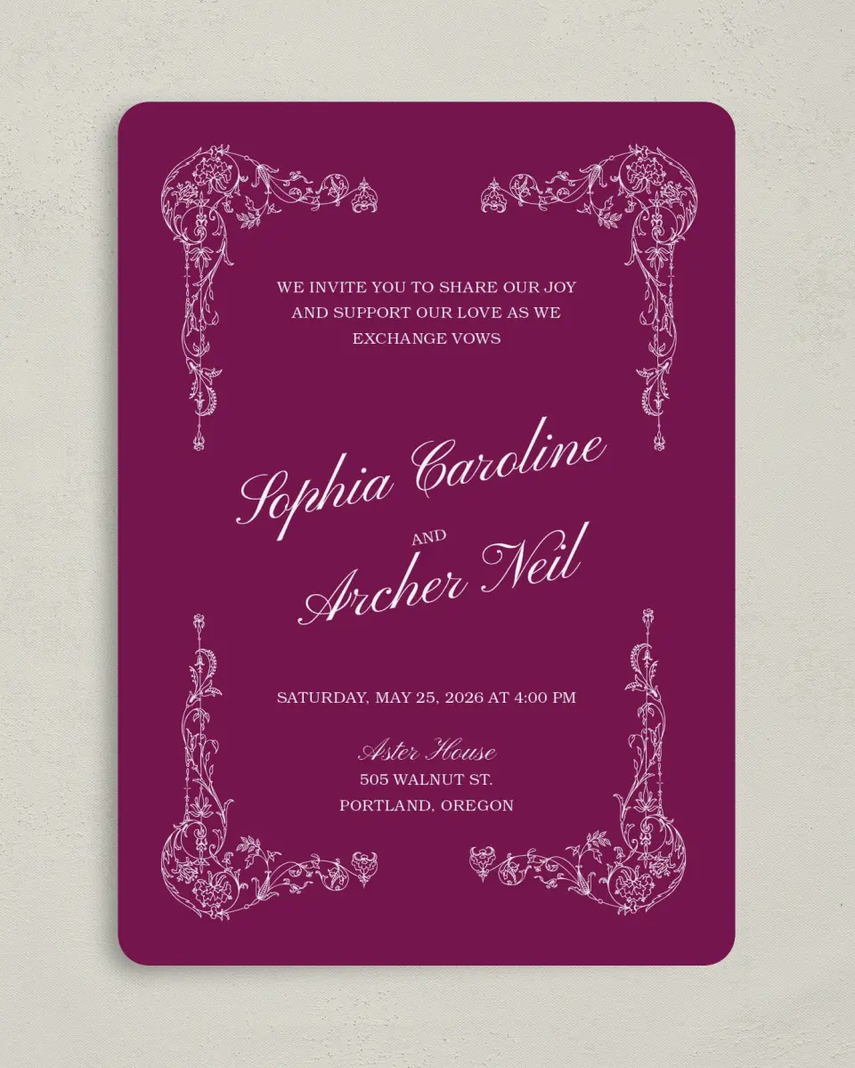 This is a 5" x 7" Rounded Wedding Invitation called Regal Romance printed in full color on Premium Smooth paper
