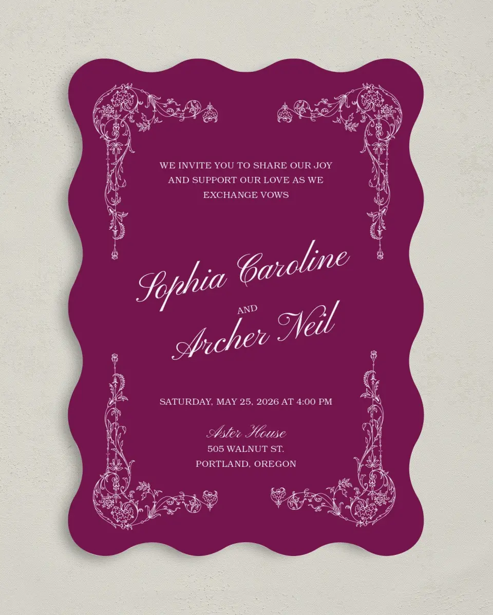 This is a 5" x 7" Wavy Wedding Invitation called Regal Romance printed in full color with Gold foil on Luxe Satin (coated) paper
