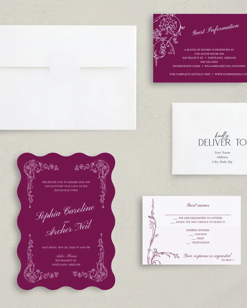 This is a 5" x 7" Wavy Wedding Invitation called Regal Romance printed in full color with Gold foil on Luxe Satin (coated) paper