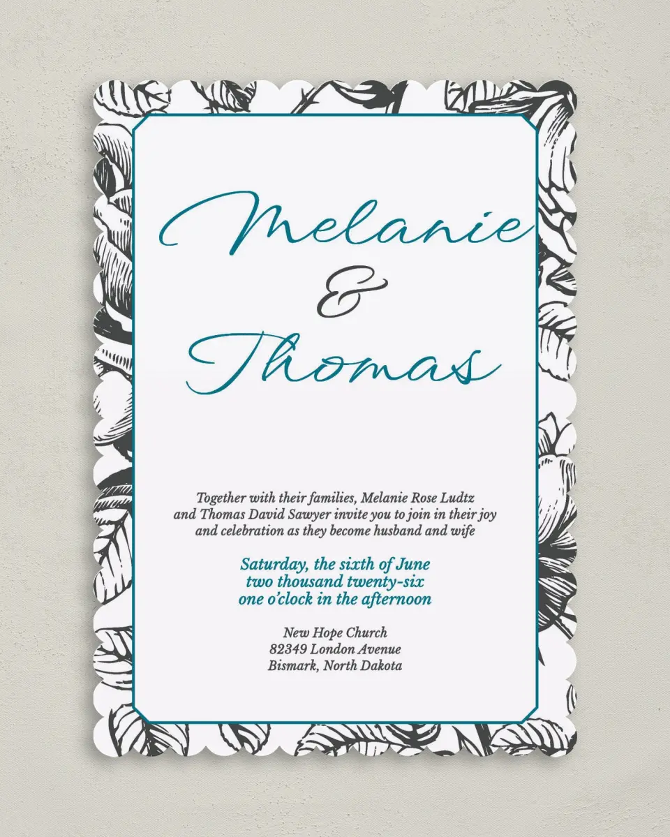 This is a 5" x 7" Classic Wedding Invitation called Vintage Botanicals printed in full color on Premium Smooth paper
