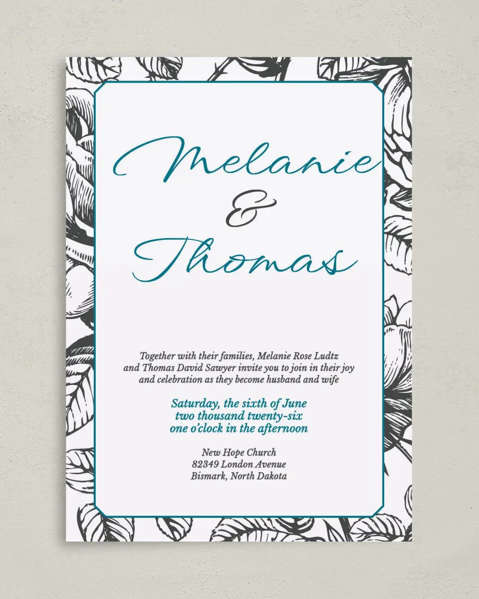This is a 5" x 7" Classic Wedding Invitation called Vintage Botanicals printed in full color on Premium Smooth paper