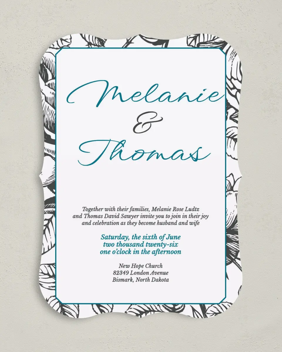 This is a 5" x 7" Bracket Wedding Invitation called Vintage Botanicals printed in full color on Premium Smooth paper