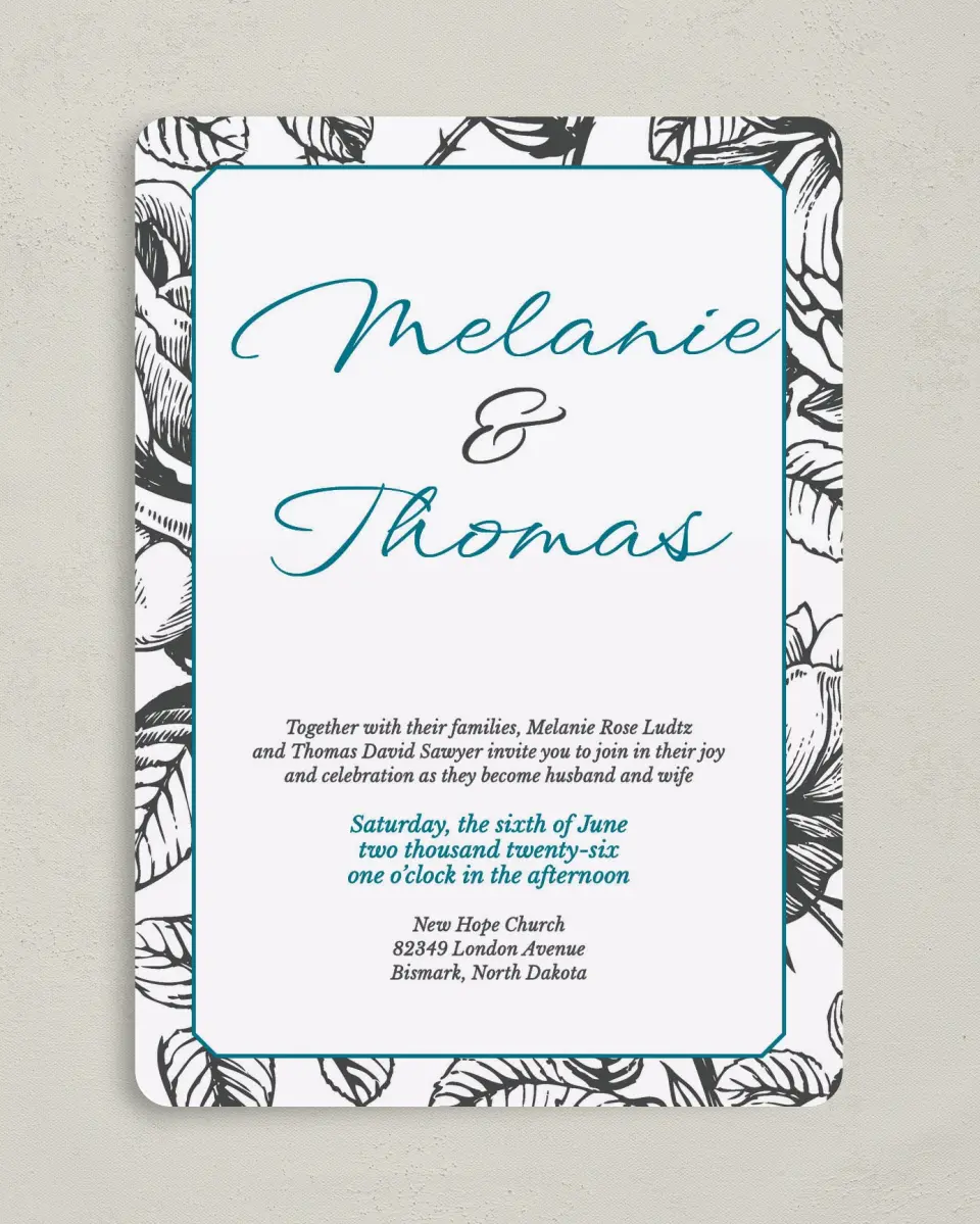 This is a 5" x 7" Rounded Wedding Invitation called Vintage Botanicals printed in full color on Premium Smooth paper