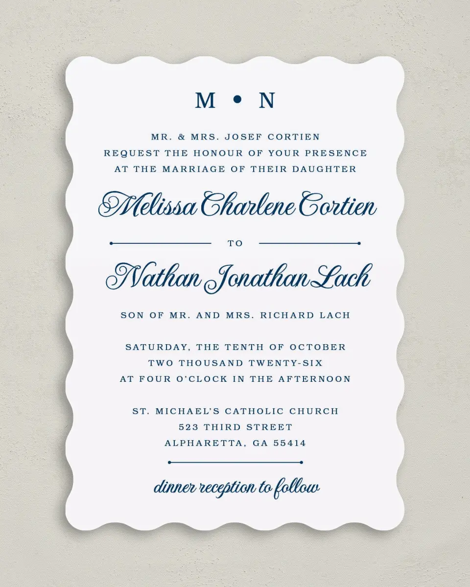 This is a 5" x 7" Wavy Wedding Invitation called Grand Soiree printed in full color on Premium Smooth paper