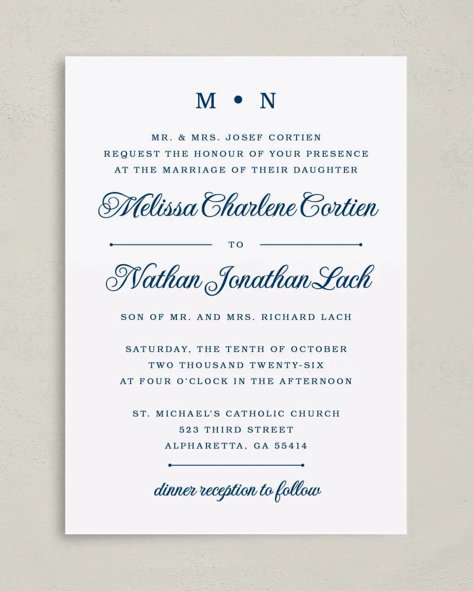 This is a 5" x 7" Classic Wedding Invitation called Grand Soiree printed in full color with Silver foil on Luxe Satin (coated) paper