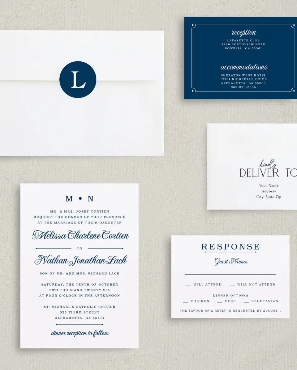 This is a 5" x 7" Classic Wedding Invitation called Grand Soiree printed in full color with Silver foil on Luxe Satin (coated) paper