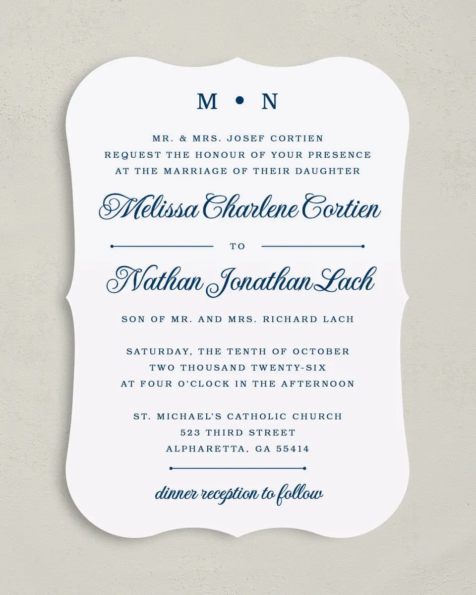This is a 5" x 7" Bracket Wedding Invitation called Grand Soiree printed in full color with Silver foil on Luxe Satin (coated) paper