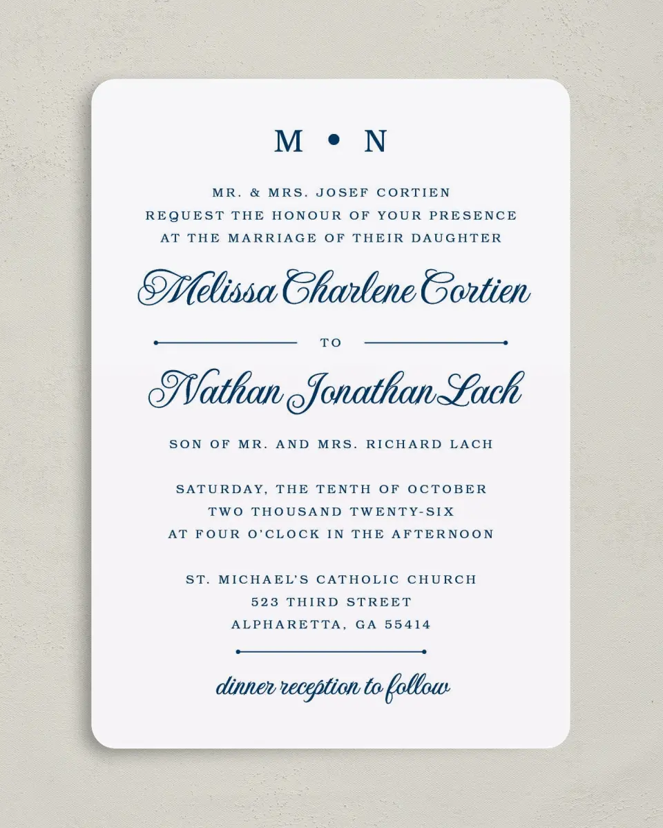 This is a 5" x 7" Rounded Wedding Invitation called Grand Soiree printed in full color on Premium Smooth paper