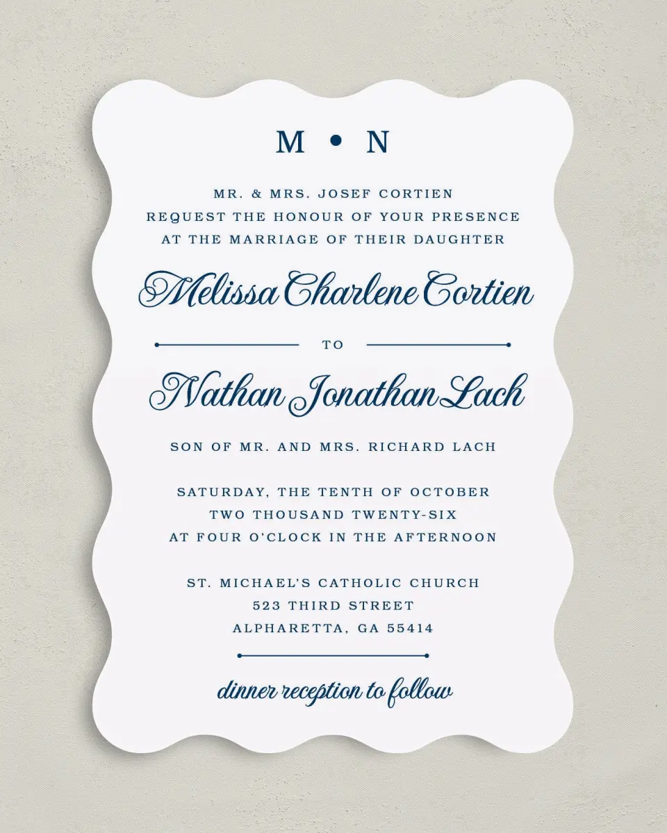 This is a 5" x 7" Wavy Wedding Invitation called Grand Soiree printed in full color on Premium Smooth paper