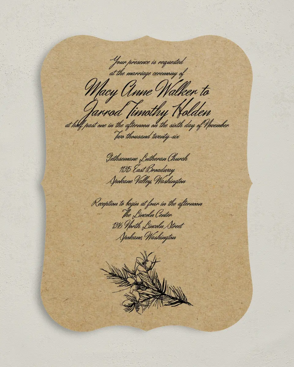 This is a 5" x 7" Bracket Wedding Invitation called Everlasting Love printed in full color on Premium Smooth paper