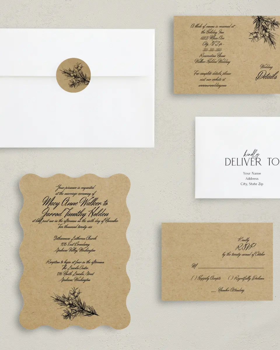 This is a 5" x 7" Wavy Wedding Invitation called Everlasting Love printed in full color with Gold foil on Luxe Satin (coated) paper