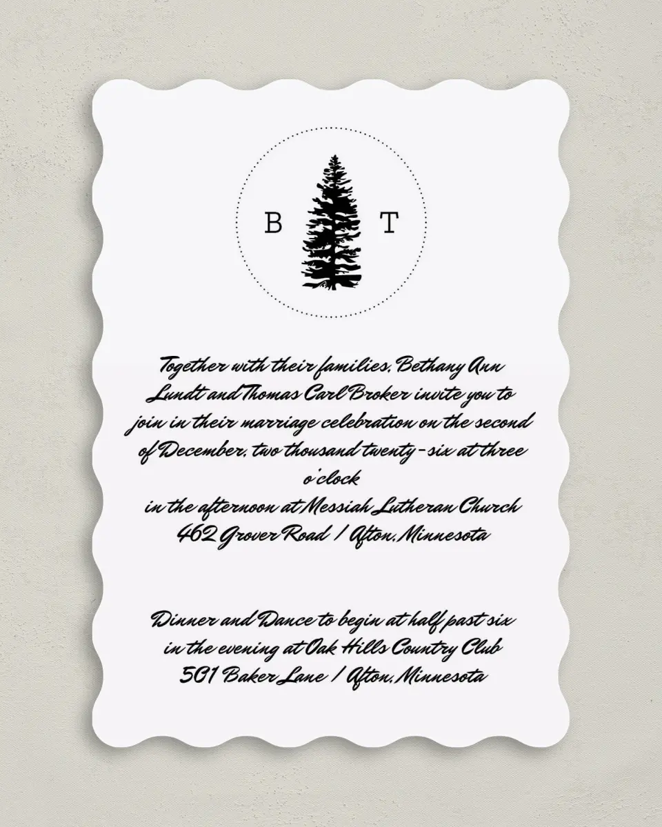 This is a 5" x 7" Wavy Wedding Invitation called Splendid Pines printed in full color on Premium Smooth paper