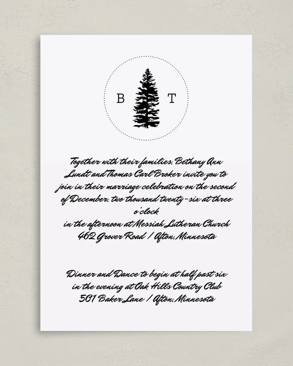 This is a 5" x 7" Classic Wedding Invitation called Splendid Pines printed in full color with Gold foil on Luxe Satin (coated) paper