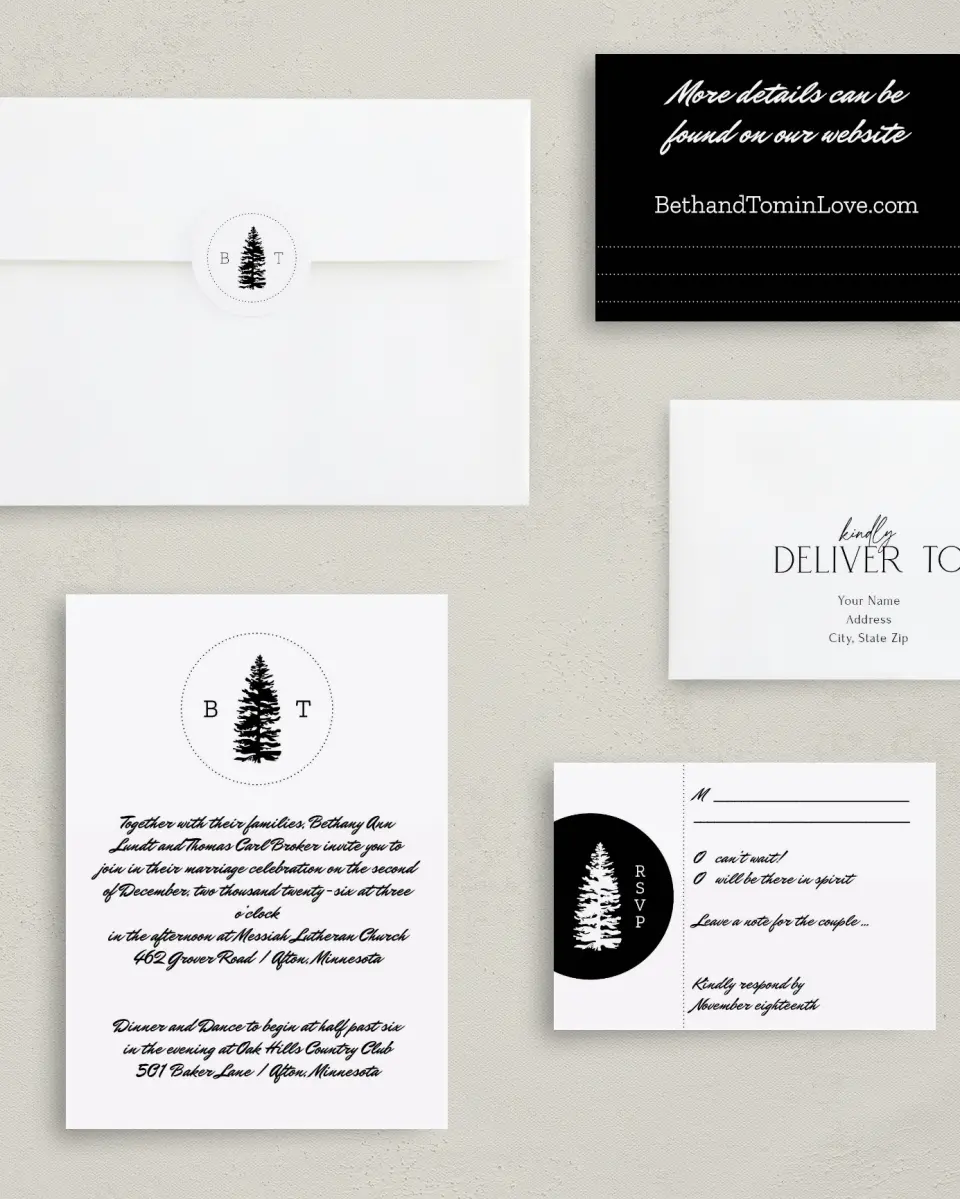 This is a 5" x 7" Classic Wedding Invitation called Splendid Pines printed in full color with Gold foil on Luxe Satin (coated) paper