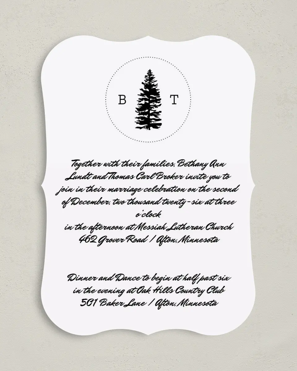 This is a 5" x 7" Bracket Wedding Invitation called Splendid Pines printed in full color with Silver foil on Luxe Satin (coated) paper